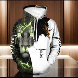LION & JESUS On The Cross WVerse Long Sleeve kangaroo Pocket Hoodie Pullover